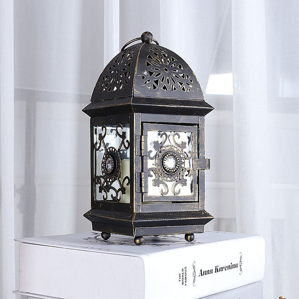Wrought Iron Glass Retro Candle Holder Courtyard Floor Lantern