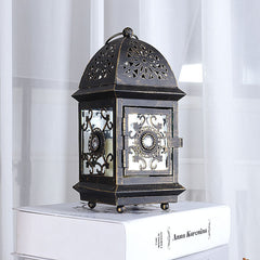 Wrought Iron Glass Retro Candle Holder Courtyard Floor Lantern