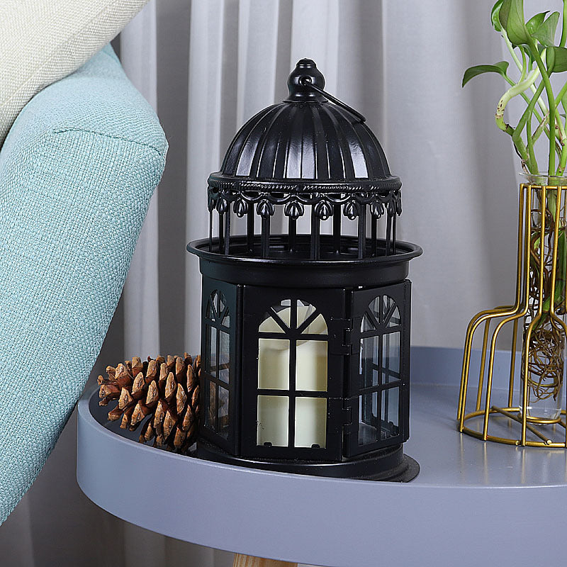 Wrought Iron Glass Retro Candle Holder Courtyard Floor Lantern