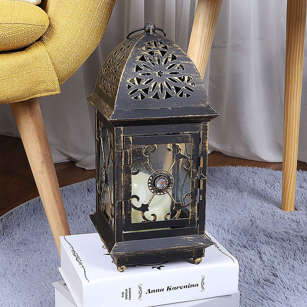 Wrought Iron Glass Retro Candle Holder Courtyard Floor Lantern