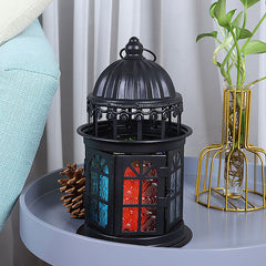 Wrought Iron Glass Retro Candle Holder Courtyard Floor Lantern